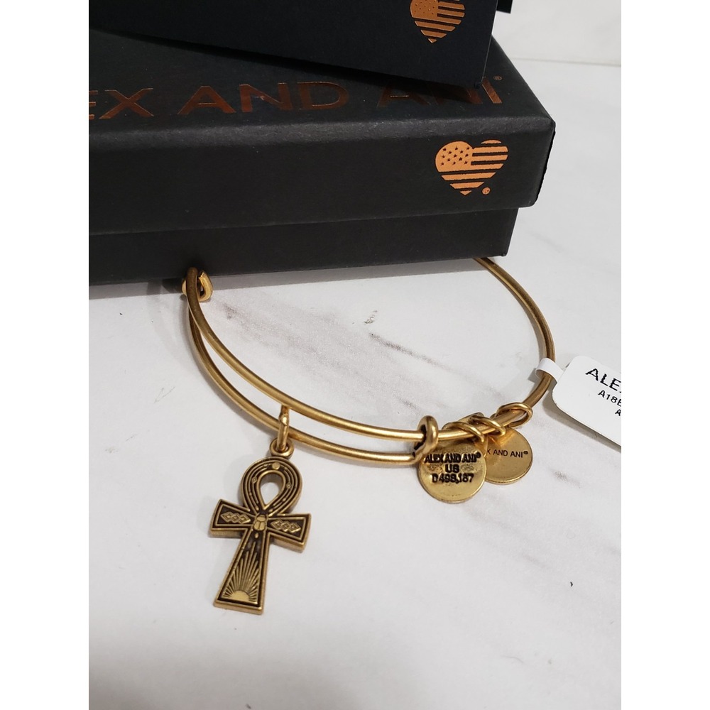 Alex and Ani Ankh Dangle Charm Bangle Bracelet Gold Tone Adjustable Expandable